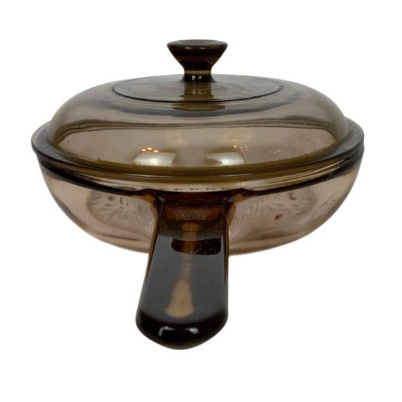 Vintage Vision Corning 7 inch Amber Glass Skillet Waffle Bottom Pyrex Lid - Picture 3 of 9